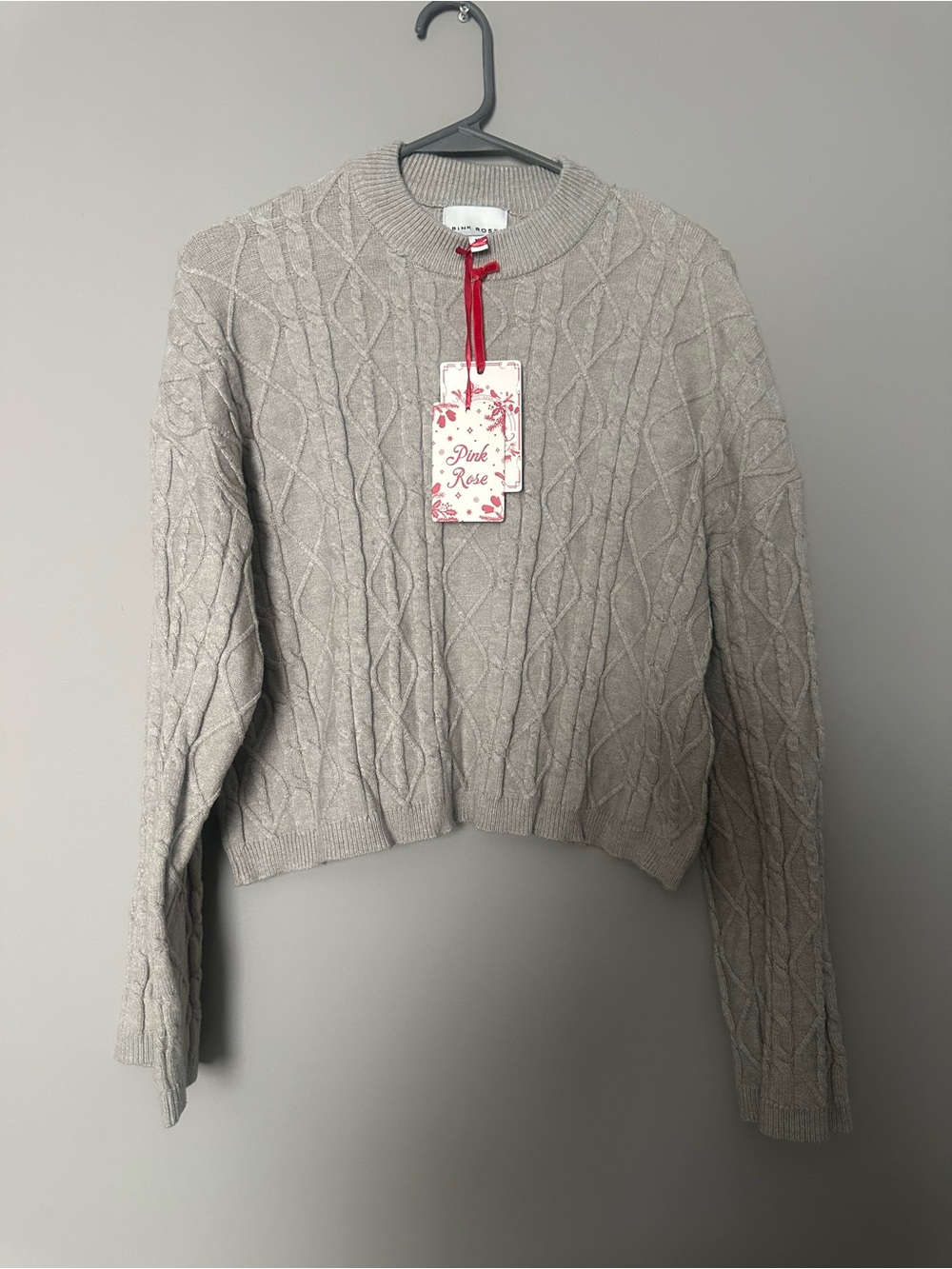 Pink Rose Stone Cable-Knit Crewneck Sweater